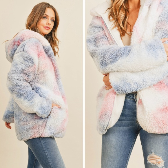 Tie dye plush soft teddy hooded jacket - Picture 9 of 10